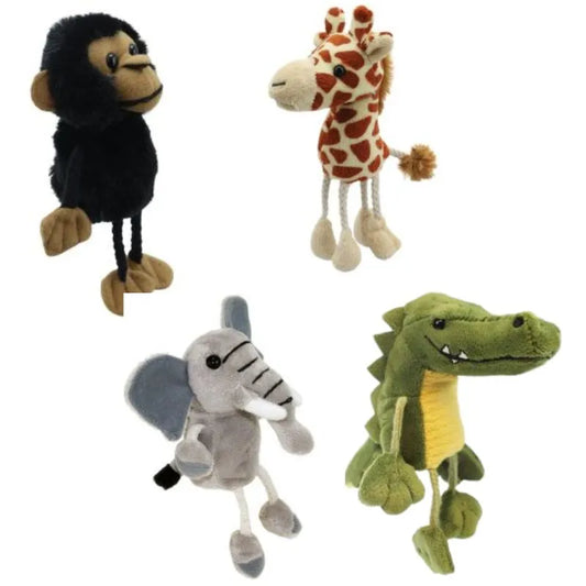 Displayed in the Jungle Finger Puppets Pack of 4 are four plush animal toys arranged from left to right: a black monkey, a brown and white giraffe, a gray elephant, and a green crocodile. Each toy boasts a cartoonish design with large heads and exaggerated features. These delightful puppets are perfect for children's fun playtime and vocabulary building!