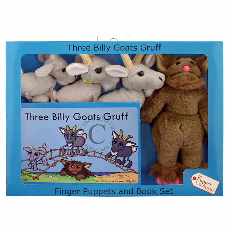 The Puppet Company Finger Puppet Story Set includes Three Billy Goats Gruff finger puppets and a book, perfect for kids to put on a puppet show.