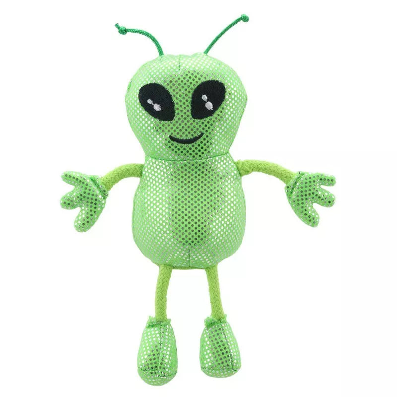 A green Puppet Company Alien Finger Puppet for kids.