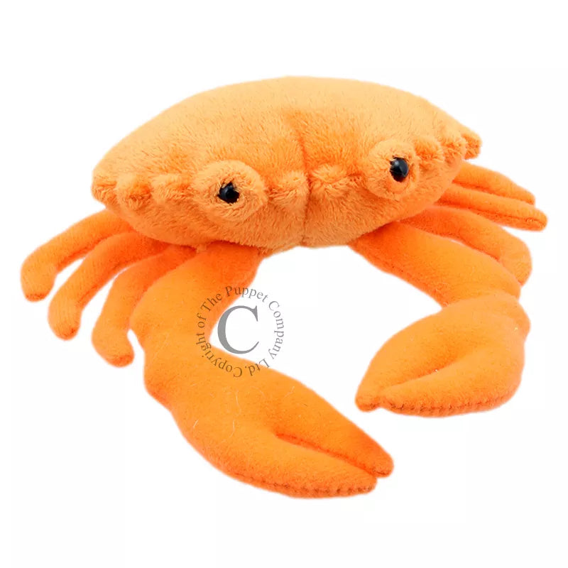 An orange crab finger puppet for kids from The Puppet Company.