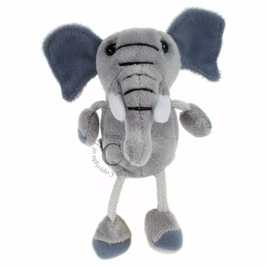 A gray Elephant Finger Puppet from The Puppet Company is standing on a white background, perfect for puppet shows and entertaining kids.