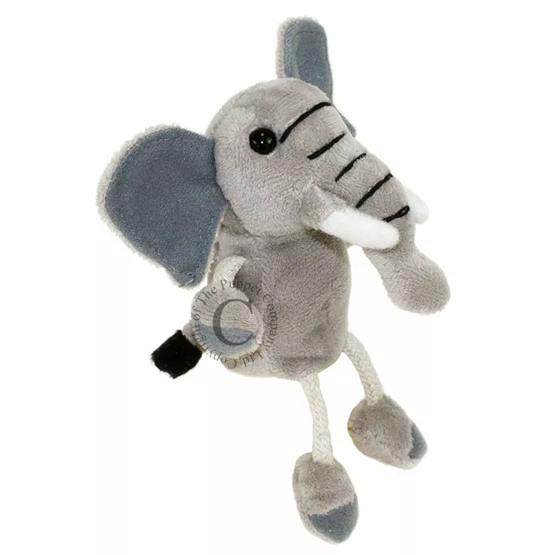 A gray Elephant Finger Puppet from the Puppet Company is hanging on a white background, perfect for puppet shows and entertaining kids.