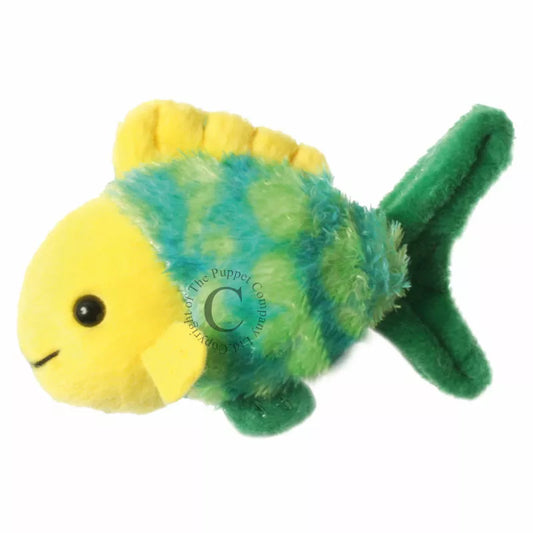 A small Fish Finger Puppet with blue and yellow stripes, perfect for kids' puppet shows.