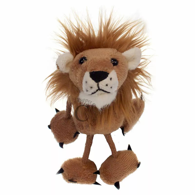 The Lion Finger Puppet with claws is standing on a white background and is perfect for puppet shows or entertaining kids.