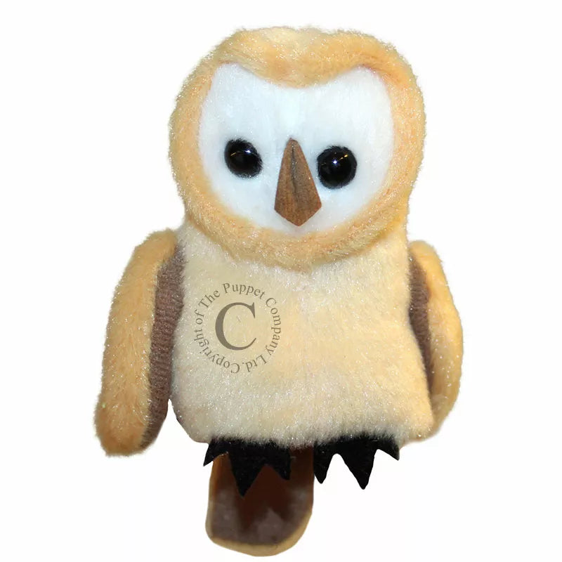 The kids' Barn Owl finger puppet is sitting on a white background for a puppet show.