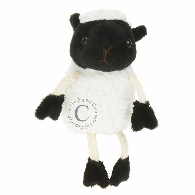 A black and white puppet for kids, The Puppet Company White Sheep Finger Puppet on a white background.
