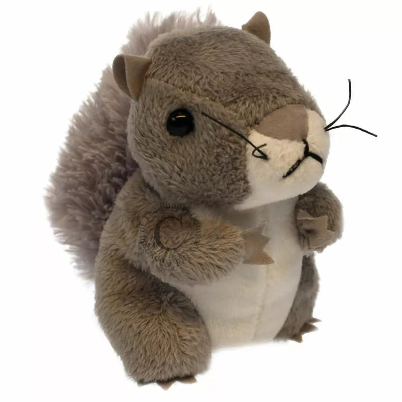A Puppet Company grey squirrel finger puppet sitting on a white background for kids' puppet shows.