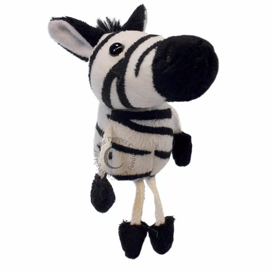 A black and white kids' puppet hanging on a white background.