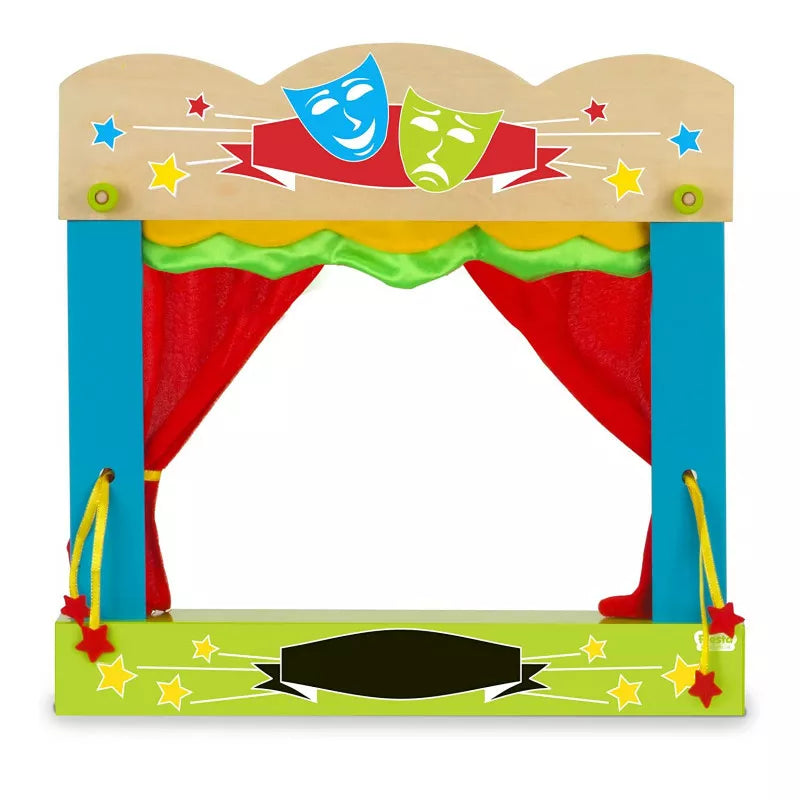 A kids' finger puppet show with a red curtain and stars on it.