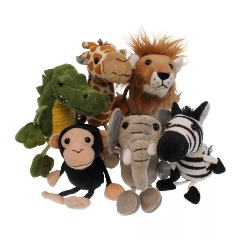 A collection of The Puppet Company Finger Puppets African Animals perfect for kids to use in a puppet show.