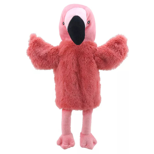 An ECO Puppet Buddies Flamingo Hand Puppet, featuring a soft plush fur, with wings outstretched.