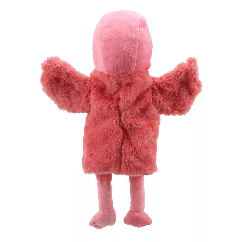 A soft plush ECO Puppet Buddies Flamingo Hand Puppet on a white background.