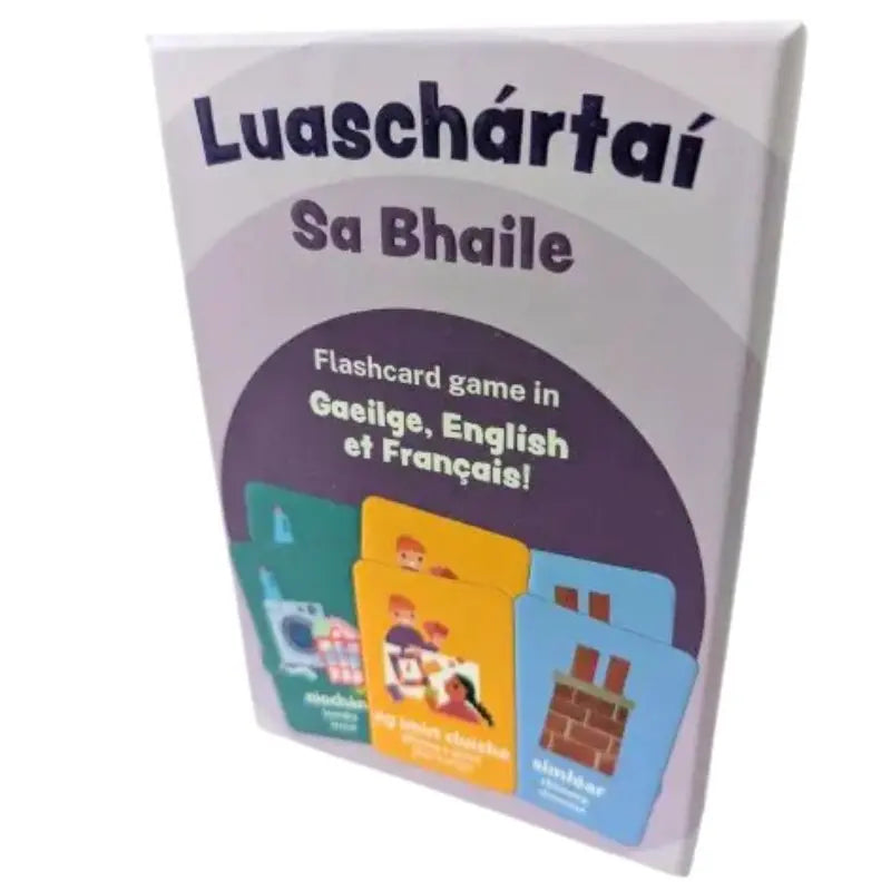 The "Luaschártaí - Sa Bhaile" set offers trilingual flashcards (Irish, English, French) with colorful household images and words—ideal for engaging young learners in early language development.