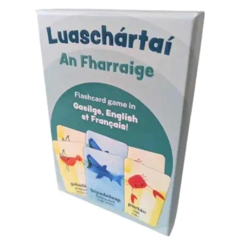 Luaschártaí - An Fharraige: A box of trilingual (Gaeilge, English & French) sea-themed flashcards with adorable sea animal illustrations—ideal for Irish language learning and vocabulary fun!.