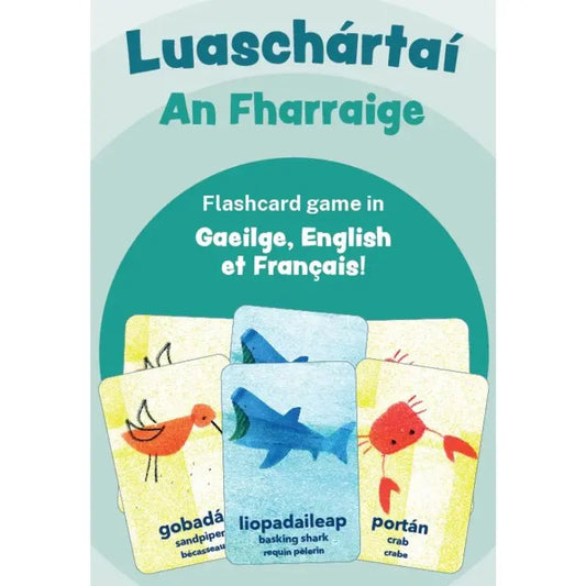 Luaschártaí - An Fharraige is a set of trilingual, sea-themed Irish flashcards featuring illustrated vocabulary such as sandpiper, basking shark, and crab.