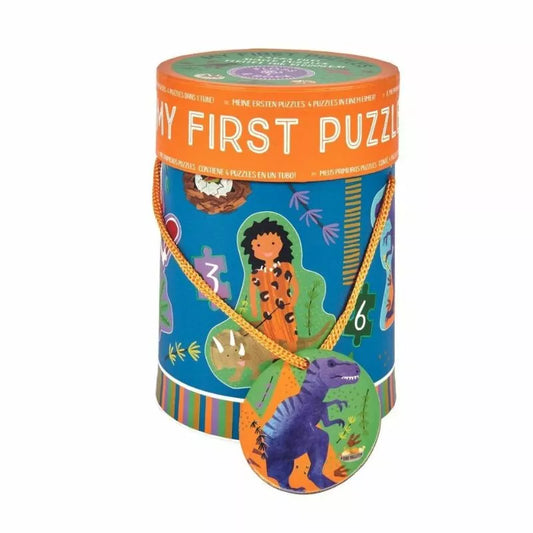 A Floss & Rock First Puzzle Dino in a tin can.