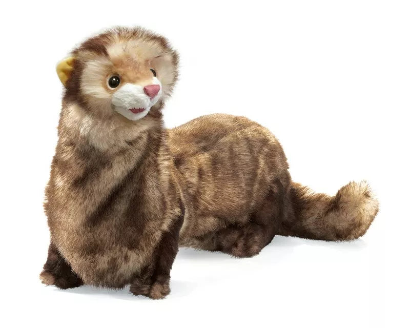 A Folkmanis Puppets Ferret is sitting on a white background.