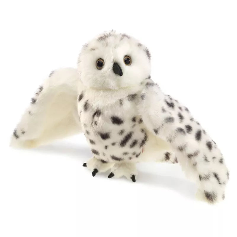 A Folkmanis Puppets Snowy Owl stuffed animal on a white background.