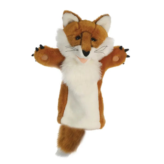 The Puppet Company Long Sleeved Puppet Fox is crafted from high-quality fabrics with a brown back, white belly, and fluffy tail. It features black-tipped ears, a white snout with a pink tongue, and black paws. The puppet is posed with spread arms against a white background.