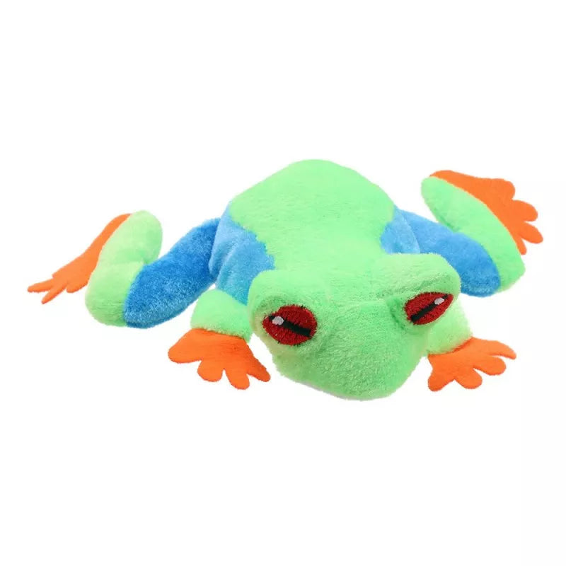 A puppet frog toy from a puppet company lying on a white background, perfect for kids' puppet shows.