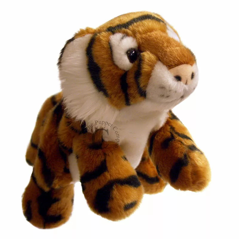 The Puppet Company Full-bodied Hand Puppet Tiger sitting on a white background.
