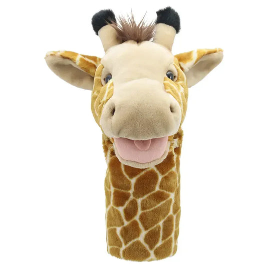 Introducing the Jumbo Friends Giraffe Hand Puppet— a plush safari companion featuring a smiling face, tan and brown patterned fur, black-tipped ears, and a tuft of brown hair on top. It's perfect for sparking playtime imagination.