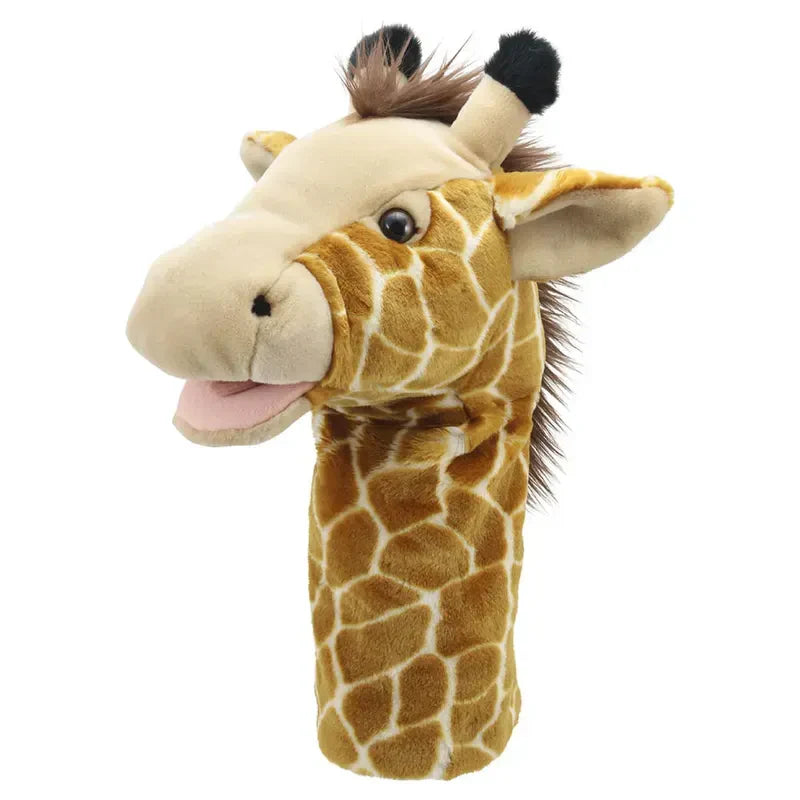 Introducing the Jumbo Friends Giraffe Hand Puppet, featuring realistic brown spots, a fuzzy mane, and small horns—perfect for adding a touch of safari adventure to playtime.