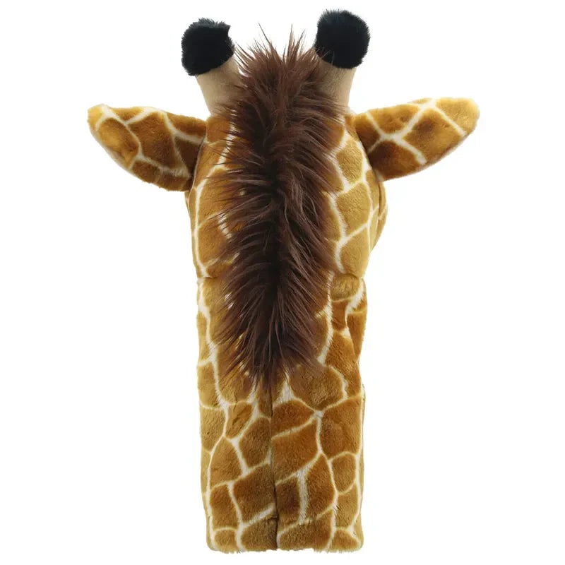 Explore the Jumbo Friends Giraffe Hand Puppet, featuring a back view with a brown and white pattern, fluffy black-tipped ossicones, and a mane along its neck. Perfect for sparking imagination and enhancing motor skills on any safari adventure!.