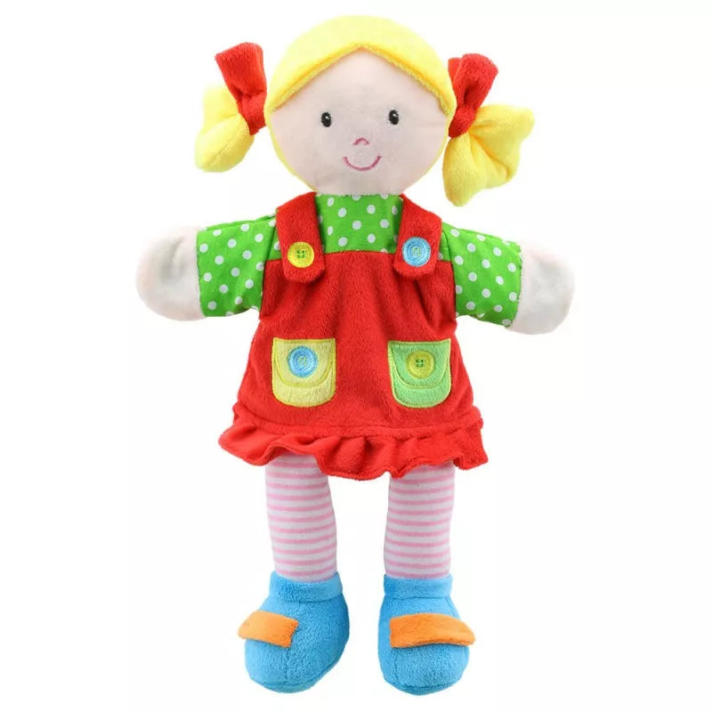 A whimsical hand puppet for kids, featuring a playful girl with a polka dot dress and shoes, perfect for puppet shows.