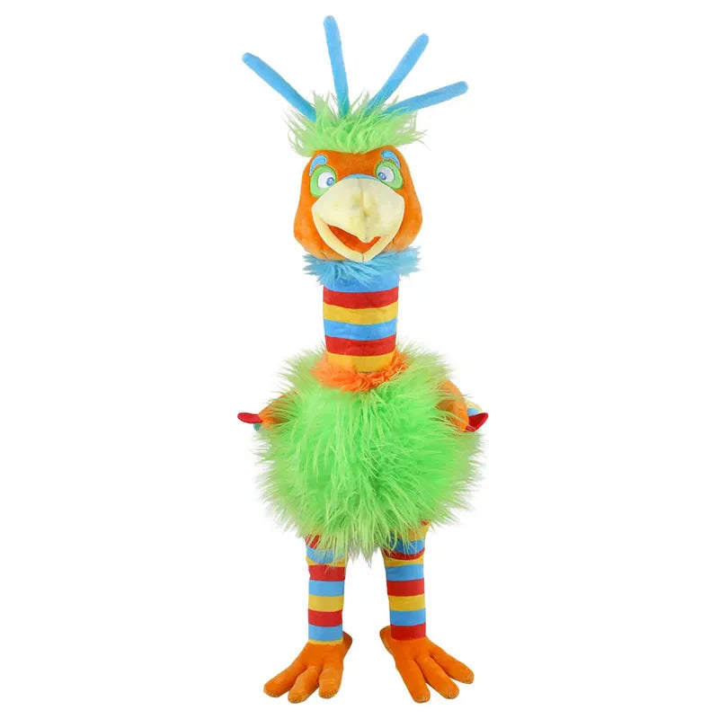 The Puppet Company Striders Bird Gizmo is a vibrant plush hand puppet resembling a fantastical bird, featuring a green, fluffy body; blue, red, and orange striped neck, wings, and legs; an orange beak and feet; and a hair tuft made of blue strings and green feathers. This easy-to-use puppet is perfect for hours of imaginative play.