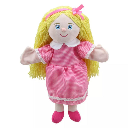 A Puppet Company presents a charming kids' puppet show featuring Goldilocks, a blonde-haired and pink-dressed storyteller hand puppet.