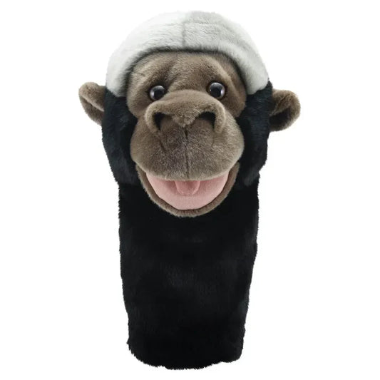 Introducing the Jumbo Friends Gorilla Hand Puppet, a plush toy with storytelling magic. With its white band across the head, wide smile, large ears, black body, and light brown face, it brings monkey-like charm to puppet play against a plain white backdrop.