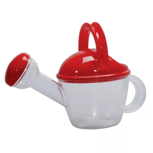 A small, Clear Watering Can with a red spout and handle, designed for playing with water or tending to plants; it features a lid with a red loop handle, isolated against a white