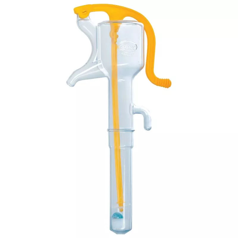 A transparent and yellow plastic Clear Waterpump against a white background. The baster features a bulb pump and a tube with measurements marked on it, functioning as a sensory toy.