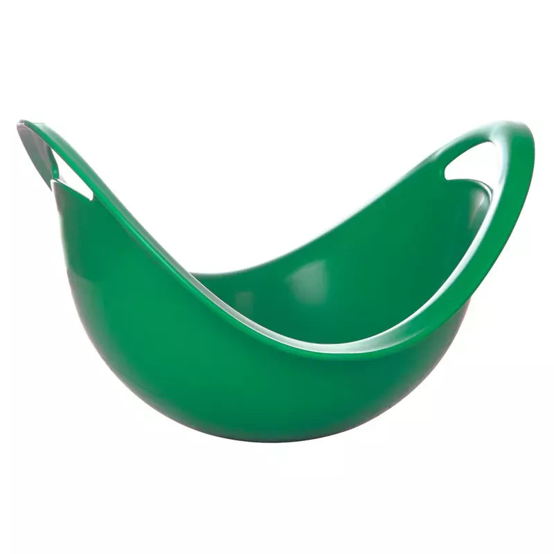 A sleek, Spinner Green plastic kitchen spinner or colander with a spout and handles, isolated on a white background, designed for sensory stimulation.