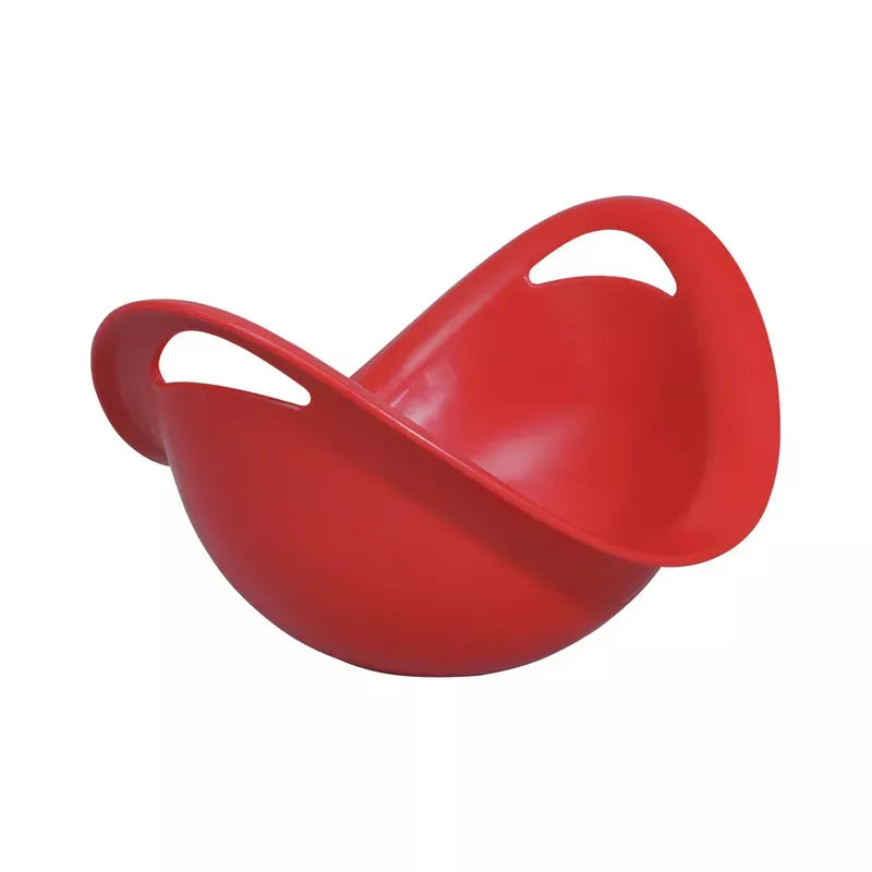 A Spinner Red kitchen funnel balanced on its side against a white background, designed for sensory stimulation.