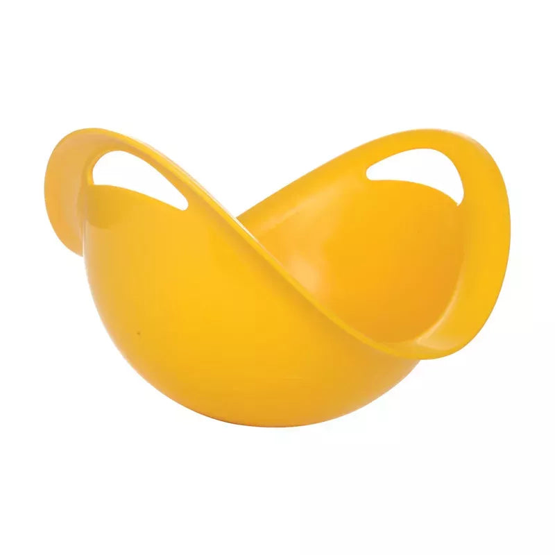 A Spinner Yellow plastic double spouted bowl designed for pouring and mixing, isolated on a white background, perfect for sensory stimulation.