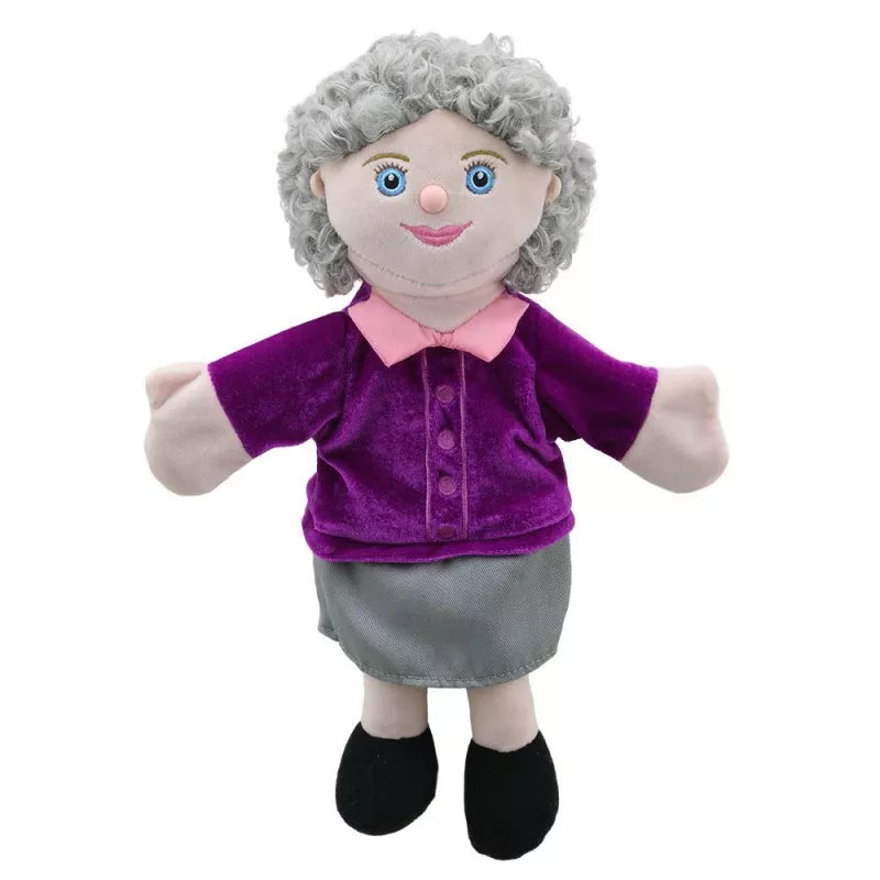 A purple Hand Puppet Grandma ideal for entertaining kids during puppet shows.