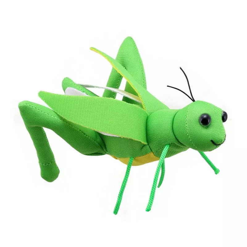 A green grasshopper finger puppet perfect for kids' puppet shows, showcased on a white background.