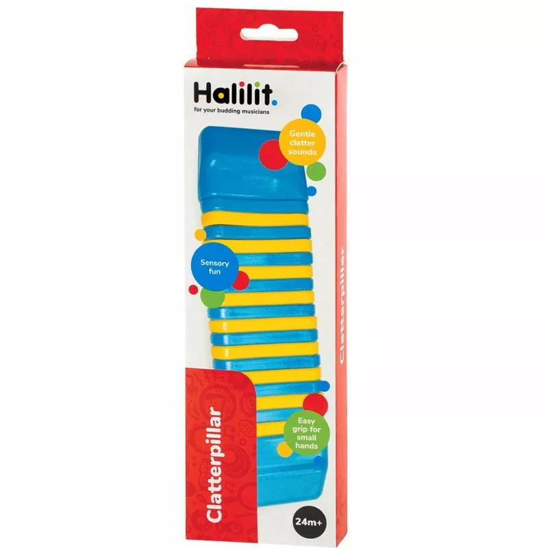 Halilit Clatterpillar in blue and yellow packaging with a Clatterpillar instrument rhythm.