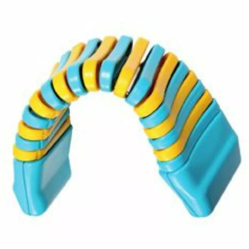 A Halilit Clatterpillar instrument toy with blue and yellow stripes on it.