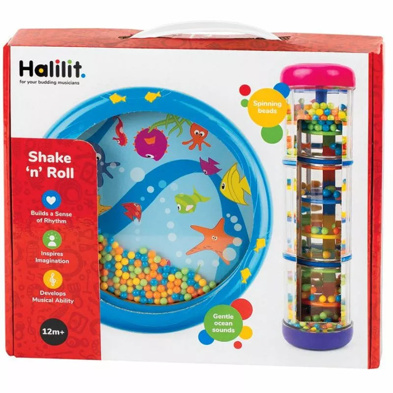 A box of Halilit Shake 'n' Roll Gift Set toys.