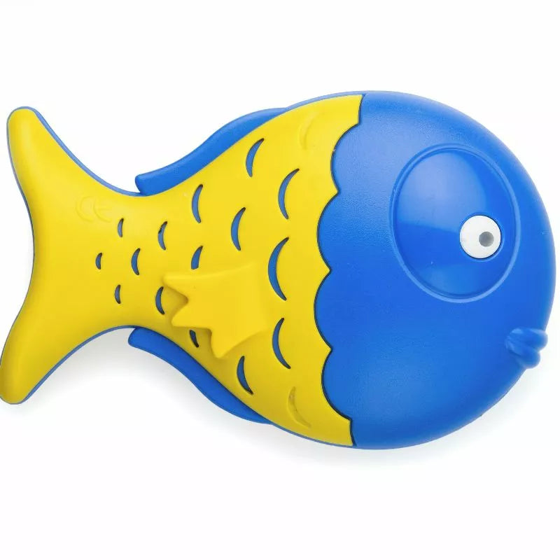 A blue and yellow Halilit Fish Shaker toy designed to enhance motor skills.