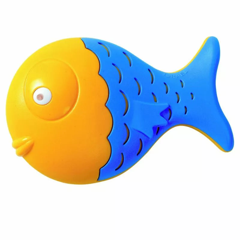 A blue and yellow Halilit Fish Shaker toy.