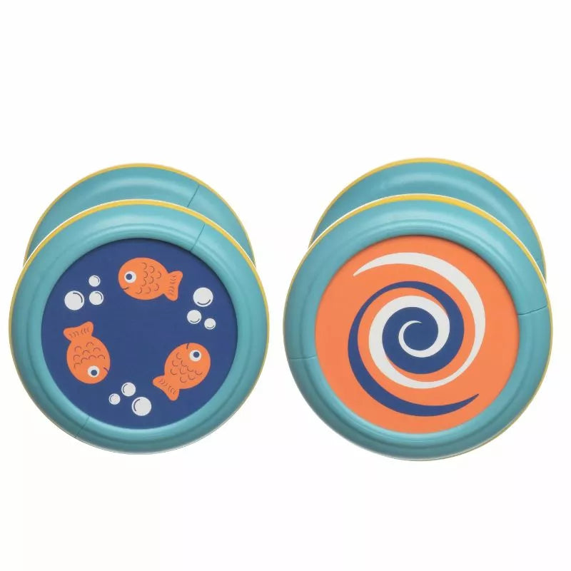 Two stimulating blue and orange Halilit Spinning Tubes with fish on them, ideal for babies.