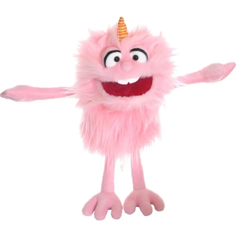 The Living Puppets Bonsche Hand Puppet is a delightful pink furry monster with wide eyes and an orange horn. It features long arms and legs with soft, rounded hands and feet, perfect for inspiring creative play against a white background.