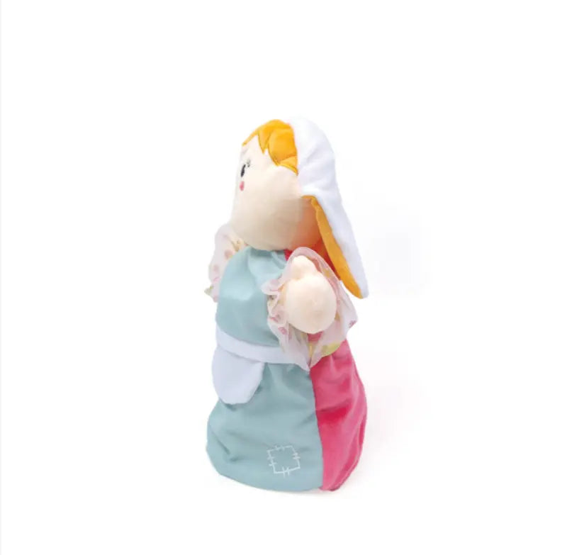 The Double-Face Hand Puppet Princess-Cinderella features Cinderella in a blue dress with white apron, pale pink sleeves, and a white bonnet—shown in profile on a plain white background. Ideal for creative play.