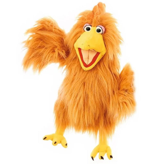 On a plain white background, the Living Puppets Herta Hand Puppet displays its fluffy orange body, full design, movable wide-open mouth, big eyes, expressive wings, and yellow feet.