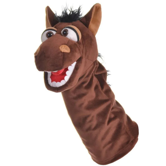 The Living Puppets Fred Jonatan Hand Puppet is a brown horse with a wide mouth, big eyes, and black mane. It has an expressive cartoon-like face with detailed fabric nose and ears, making it perfect for lively performances and engaging storytelling.