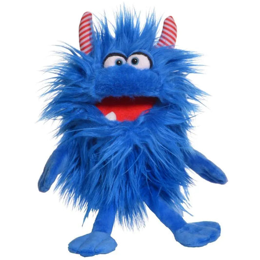 The Living Puppets Klein Schmackes Hand Puppet, a blue, fuzzy toy monster with googly eyes, a wide red mouth, and small red-and-white striped horns, stands against a white background. Ideal for imaginative play with its long fur and cheerful smile.